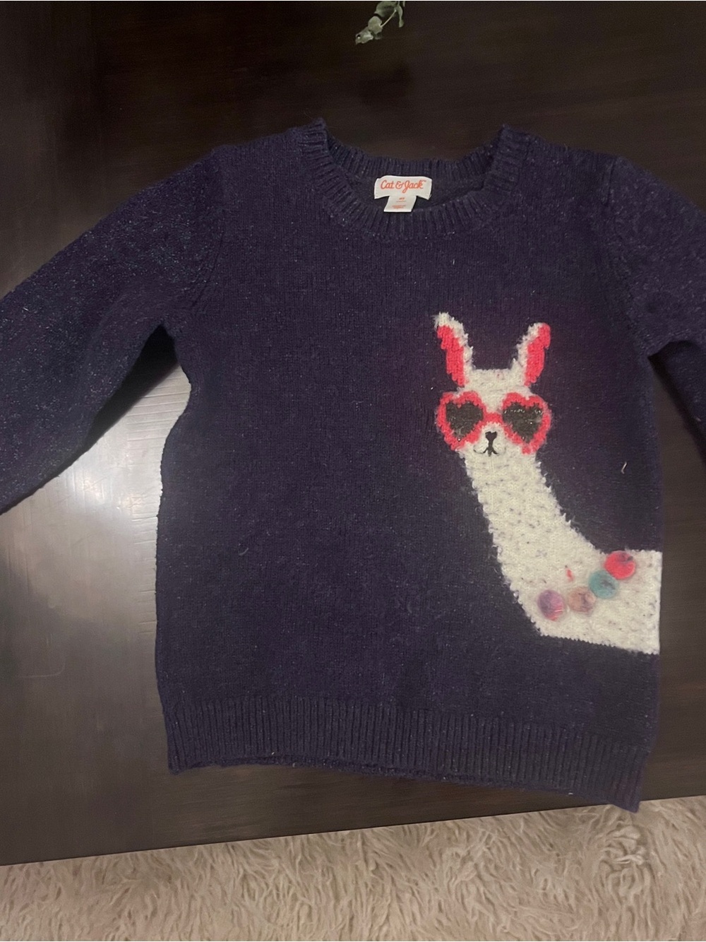 Cat & Jack Navy Sweater with White Llama and Pink Heart Sunglasses